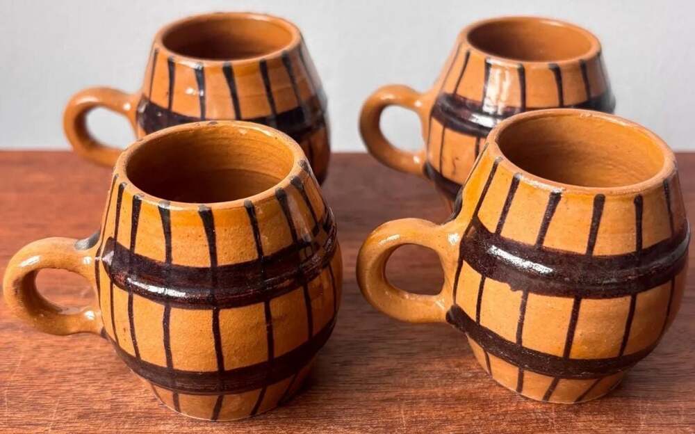 Vintage Folk Art Clay Barrel Shot Glasses Hungarian Barware Set